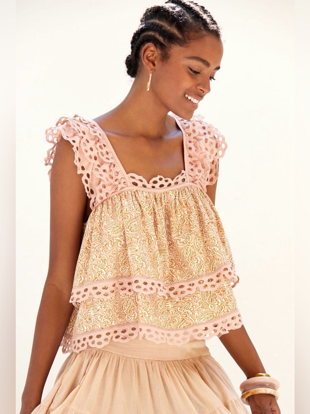 Let Me Be Anthropologie Pink Paisley Eyelet Lace Tiered Swing Top | XS